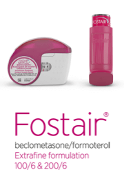 Fostair® (beclometasone/formoterol) pMDI and Fostair® NEXThaler® 100/6 & 200/6 logo in an overview table