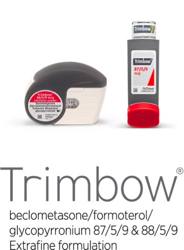Trimbow® (beclometasone/formoterol/glycopyrronium) pMDI 87/5/9 and Trimbow® NEXThaler® 88/5/9 logo in an overview table